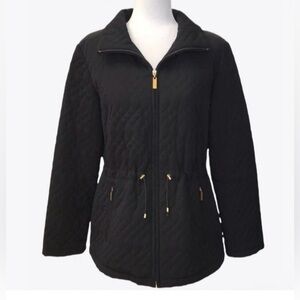 Ellen Tracy Black Quilt Winter Jacket XL Zip Drawstring Waist Plush Lining EUC
